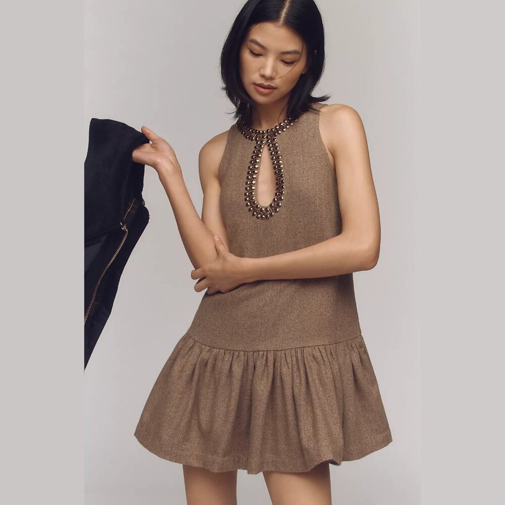 NEW Anthropologie Sizes M, L, XL Beaded Keyhole Sleeveless Mini Dress - Brown